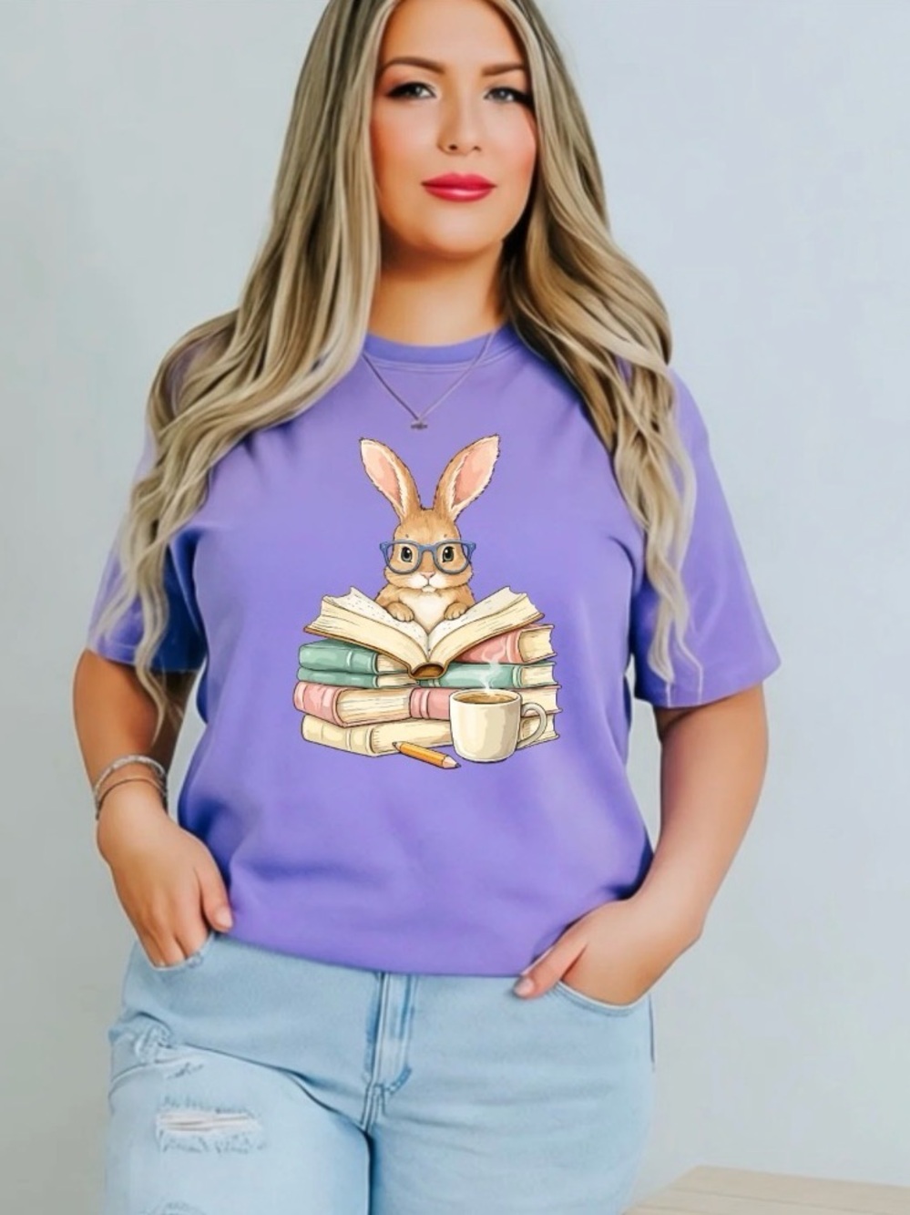 Violet Purple Bunny + Books T-Shirt